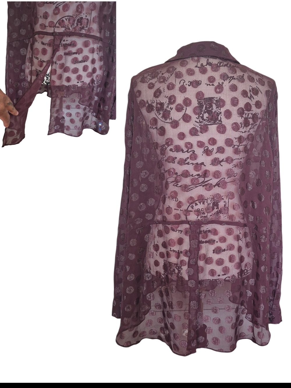 Lane Bryant Plum Sheer Polka Dot Button Down Blouse 22/24 Artsy Romantic Boho - Picture 3 of 8